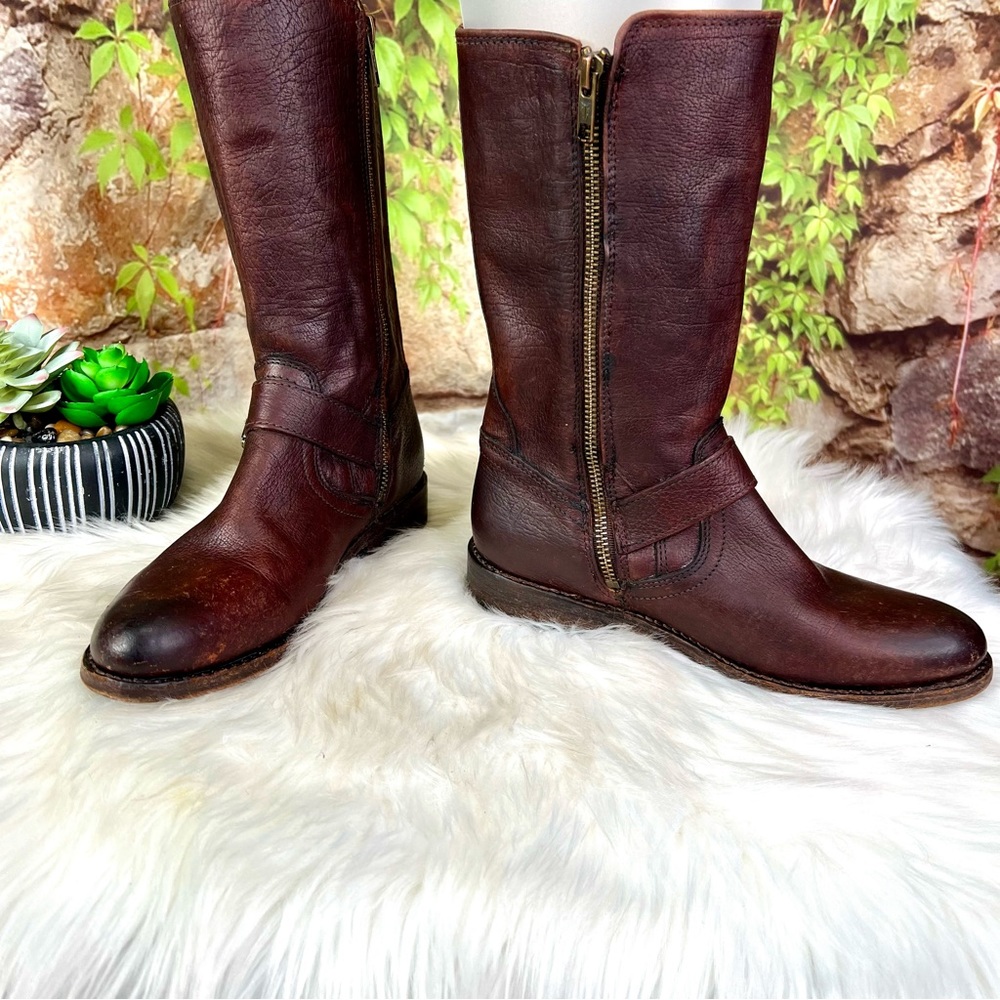 FRYE Brown Jaden Cuff Classic Heritage Buckle Leather Moto Boots, 6.5B - Picture 8 of 14